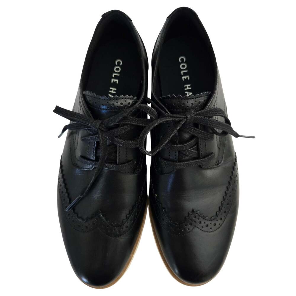 Cole Haan Grand City Black Leather Platform Oxfords 7.5 Wingtip Light Academia